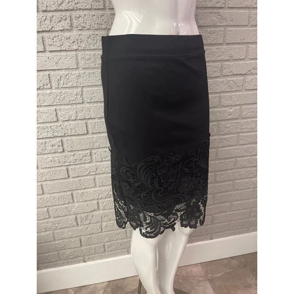Haute Monde Women Black Pointe / Lace Pencil Skirt Size L NWT